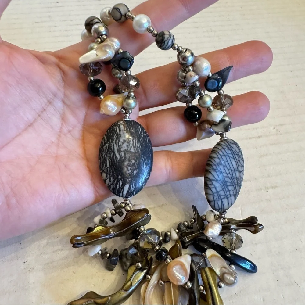 Natural Stones Necklace Abalone Shell, Zebra Jasper, Fresh Water Blister Pearls - Picture 14 of 16